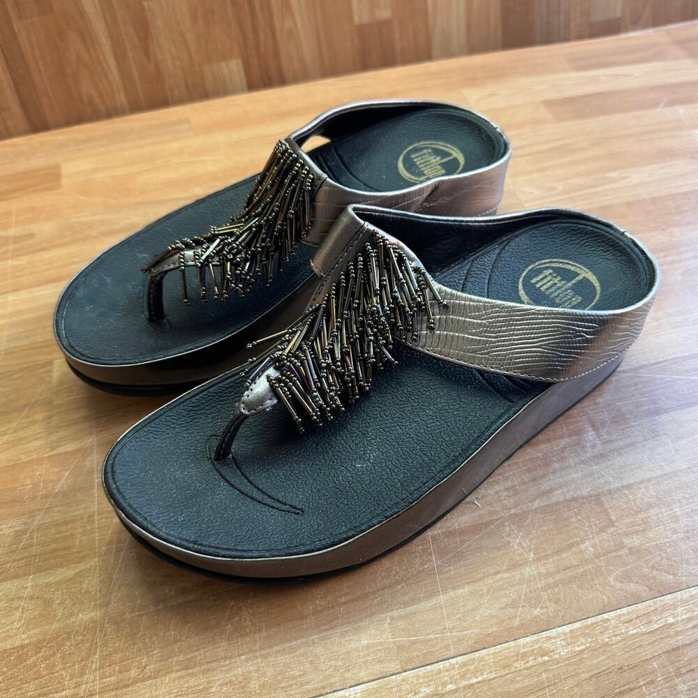 FitFlop Cha Cha sandals, beaded fringe upper,platform heel size 5
